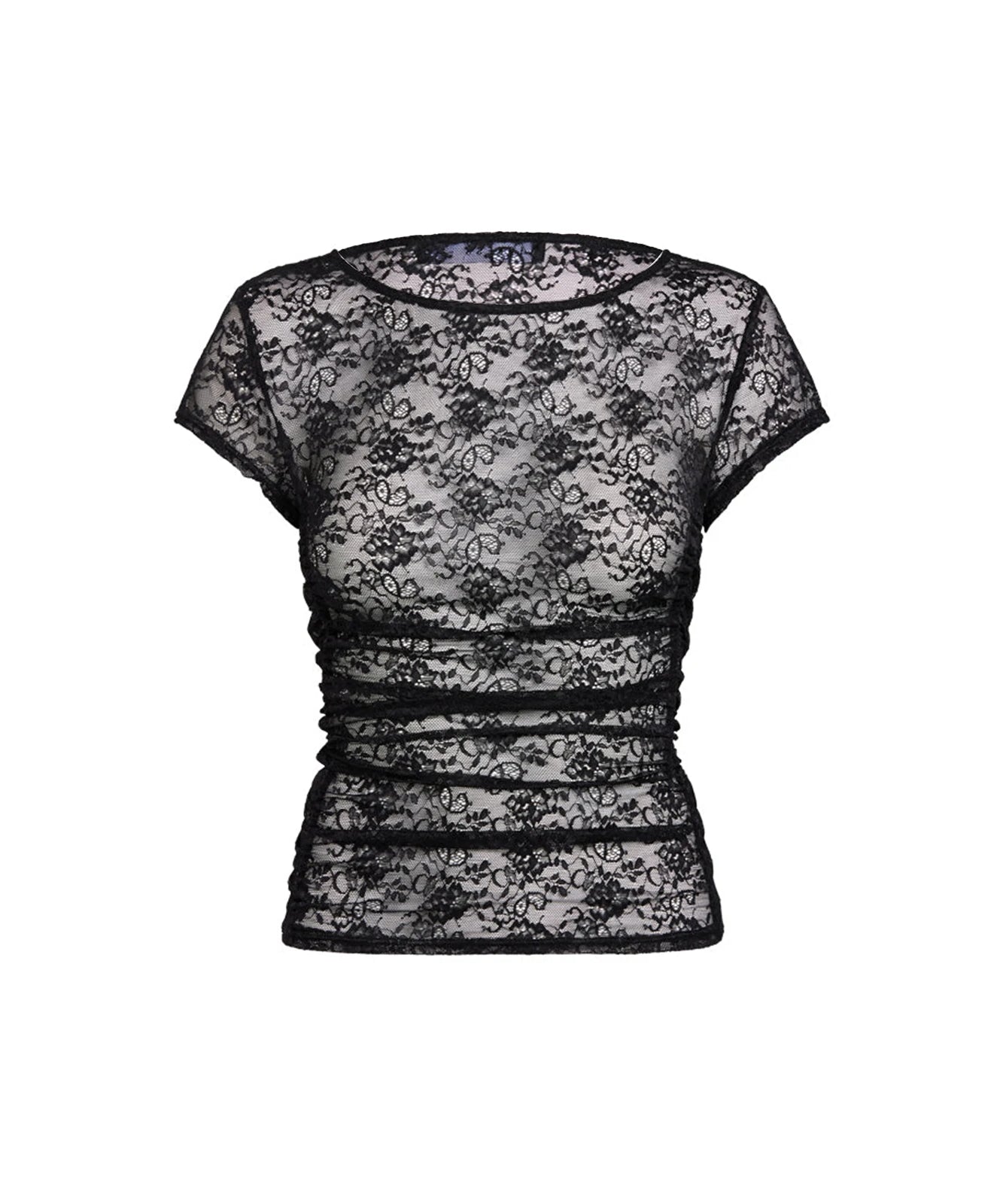 Women Lace Sexy Y2k Basics Minimalist Tanks Camis T-shirt Crew Neck Short Sleeve See-through Summer Tops for Club Party