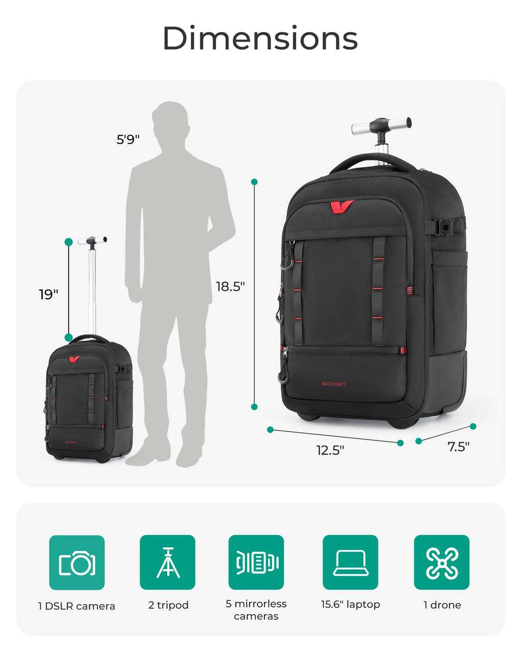 BAGSMART Rolling Camera Bag Photographer Backpack for DSLRs Professional Roller Photo Bags Photographic Rolling Travel Suitcase