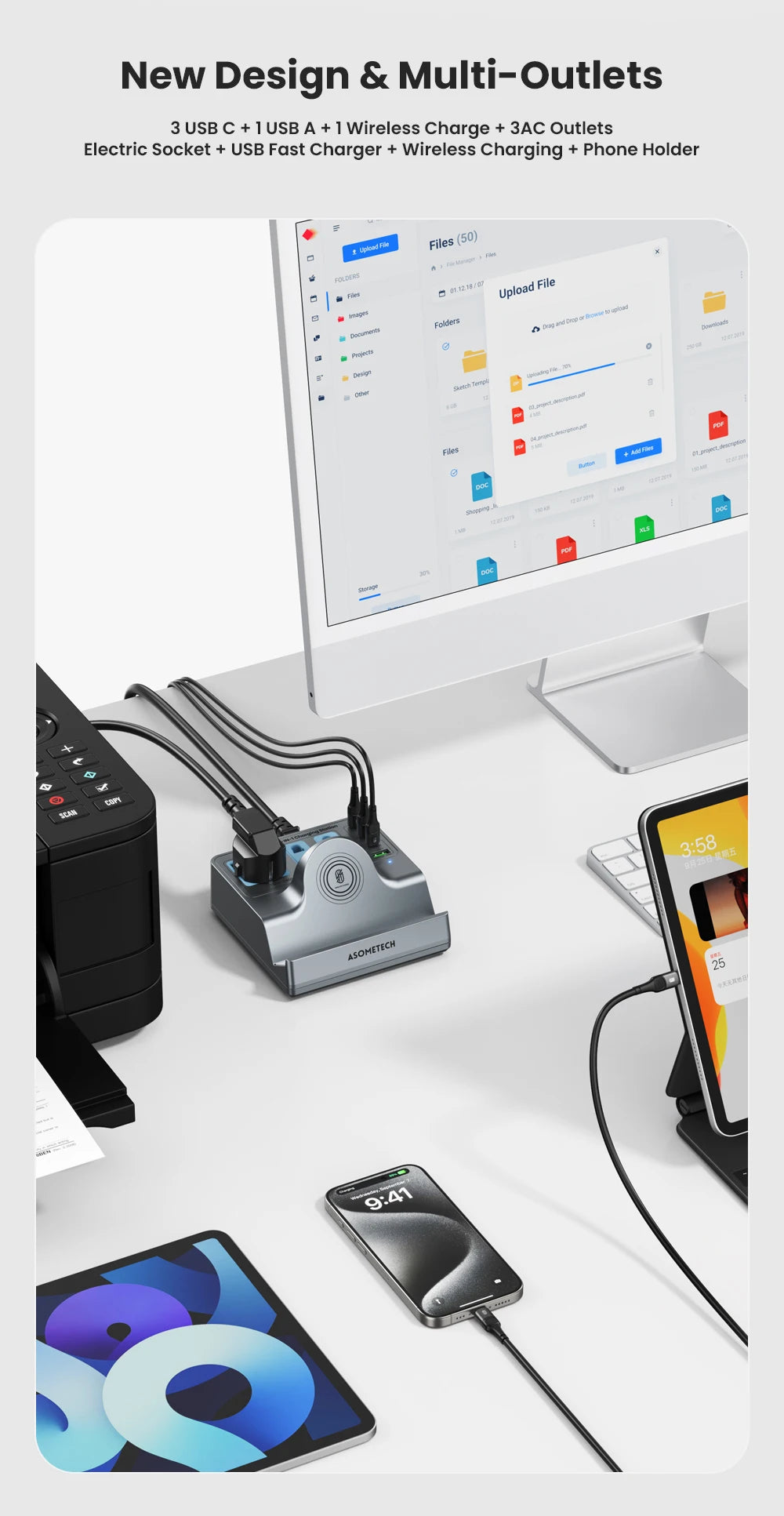 72W Fast Charging Station With Wireless Charger 3 Socket Outlets 4 USB Porst Power Strip Adapte For iPhone 14 Samsung Laptop