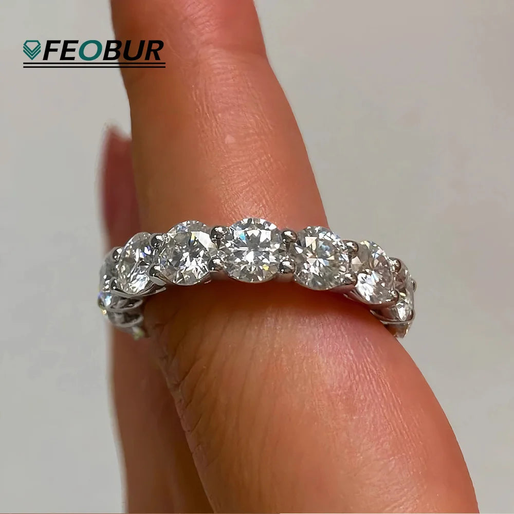 FEOBUR 7ct 5mm D Color Moissanite Ring with Certificate Women S925 Sterling Silver Full Diamond Wedding Eternity Band Jewelry