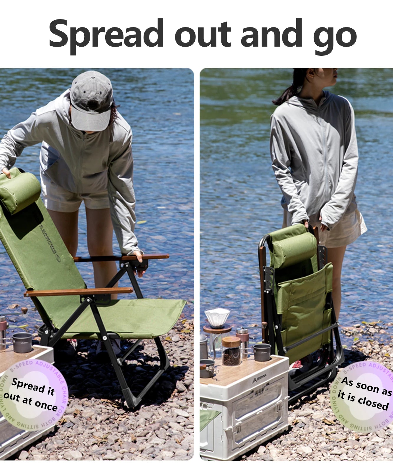 BSWOLF Camping Folding Chair Adjustable Armrest Portable Relaxing Chair With Detachable Pillow for Beach Travel Hiking