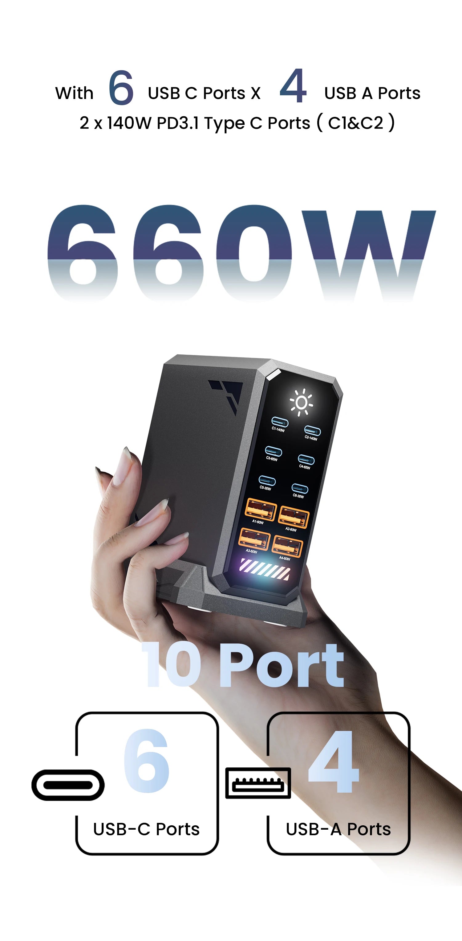 660W GaN USB C Charger Station 10 Port Fast Charger Type C PD3.1 PD3.0 PPS Quick Charger For Macbook Pro iPad iPhone 16 Samsung