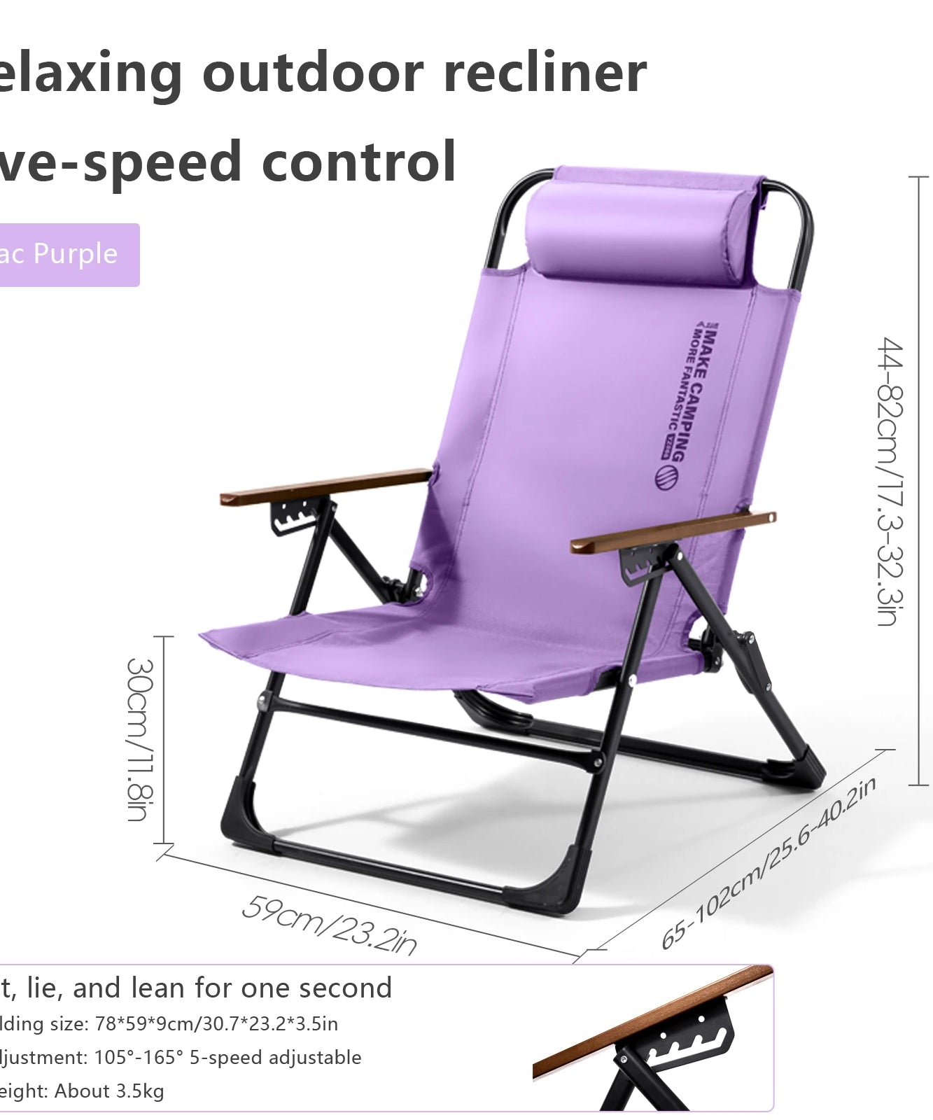 BSWOLF Camping Folding Chair Adjustable Armrest Portable Relaxing Chair With Detachable Pillow for Beach Travel Hiking