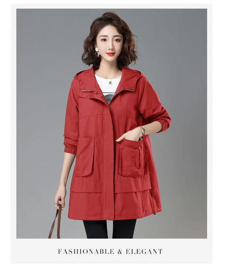 2024 Women Trench Coat With Hooded Tops Autumn New Coat Long-Sleeved Loose Mid-Length Outerwear Female Windbreaker