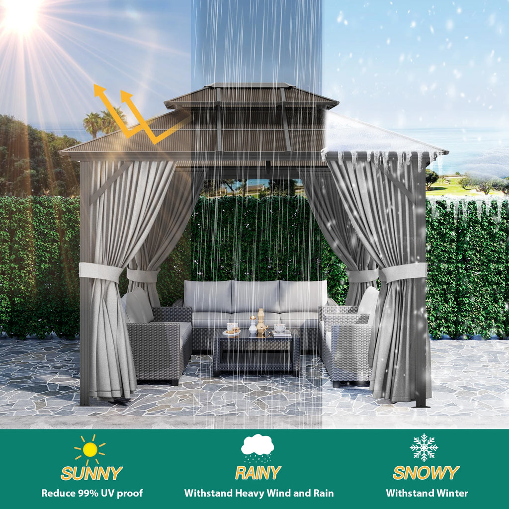 Hardtop Gazebo 10'x13',Double Polycarbonate Sheets Roof,Aluminum Alloy Frame,Net,and Curtain,for Patio Backyard Garden