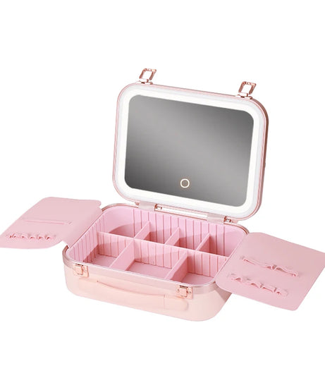 Portable Makeup Organizer Box with LED Light & Mirror – Travel-Friendly Cosmetic Train Case for Brushes box