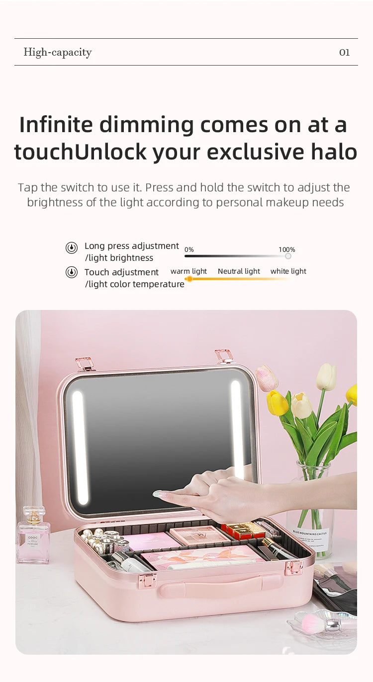 Lighted Makeup Case with Mirror - Portable Travel Makeup Organizer with LED Mirror, 3 Light Settings, Rechargeable Makeup Bag w