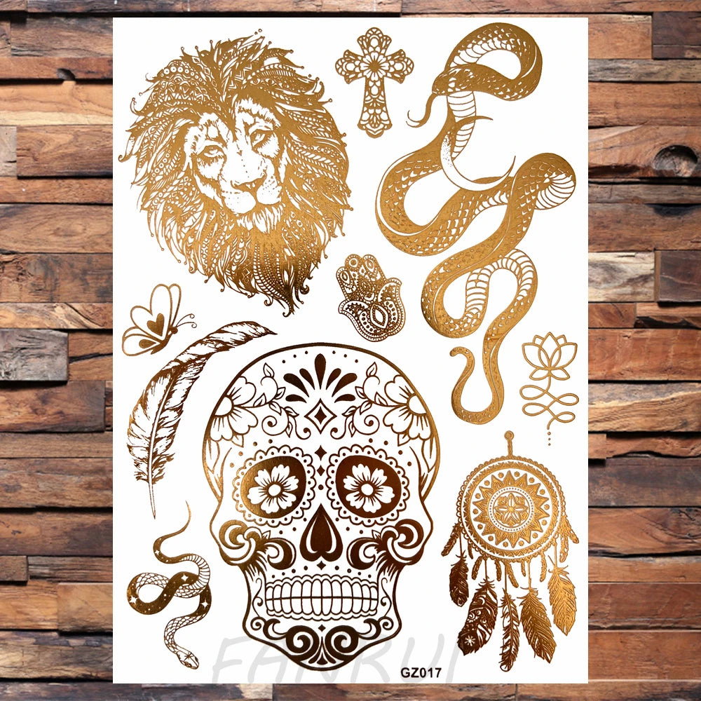 Sexy Sun Moon Star Temporary Tattoo Women Party Body Arm Art Fake Flash Tatoos Gold Metallic Tattoo Stickers Girl Bracelet Wrist