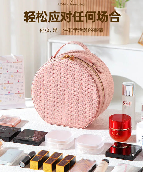 Waterproof Round Vanity Case with LED Light Mirror - Large Capacity, Portable Cosmetic Organizer Bag for Business Trips & Travel