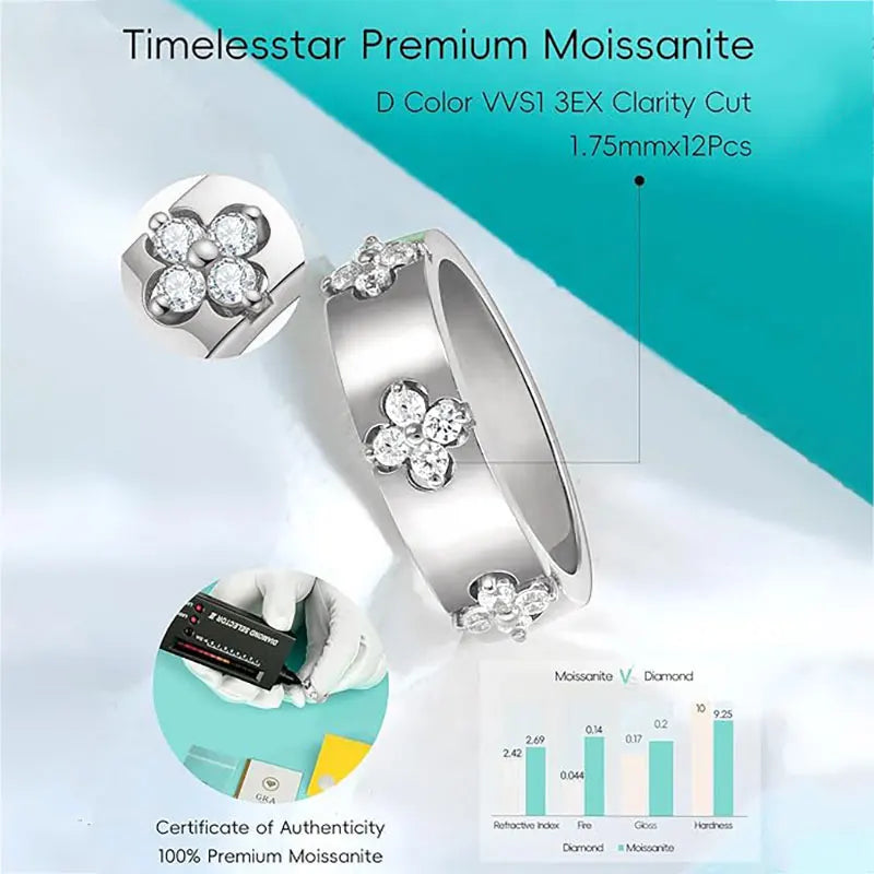 Ehhai Certified Moissanite Four-leaf Clover Wide Rings for Women Men 925 Sterling Silver Flower Bands Wedding Fine Jewelry Gifts