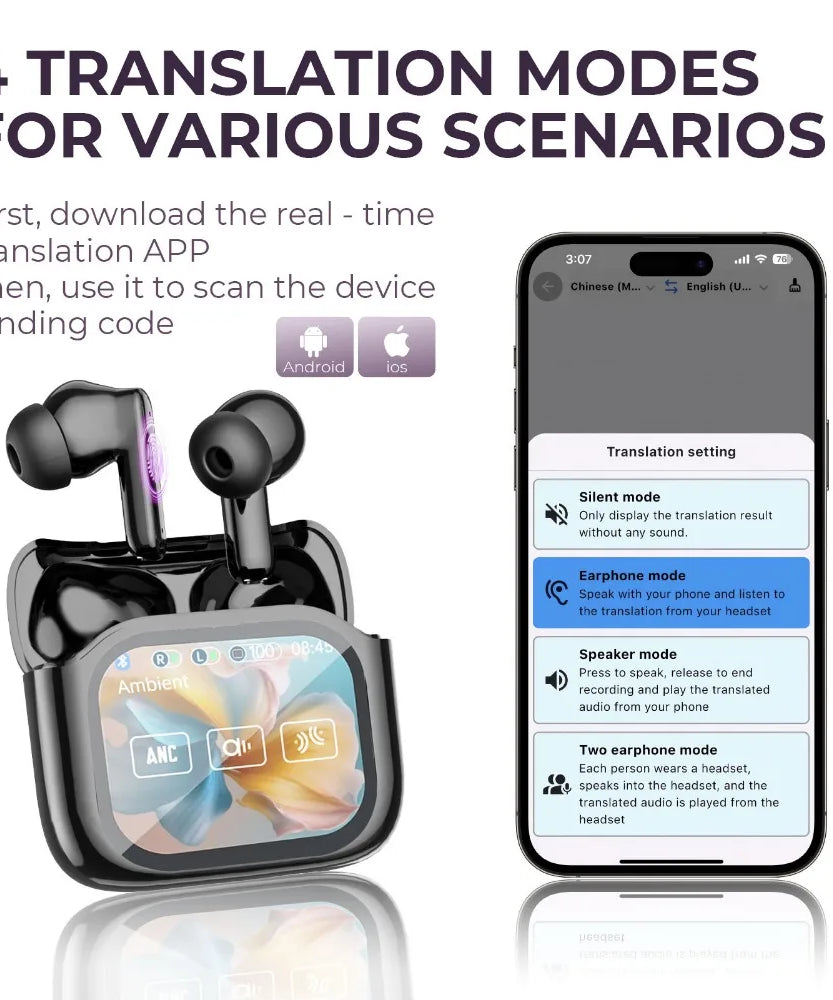 Real Time Translators Headphones with Touch Screen 144 Languages Translation Bluetooth 5.4 Earbuds Noise Cancelling Headset