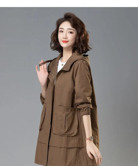 2024 Women Trench Coat With Hooded Tops Autumn New Coat Long-Sleeved Loose Mid-Length Outerwear Female Windbreaker