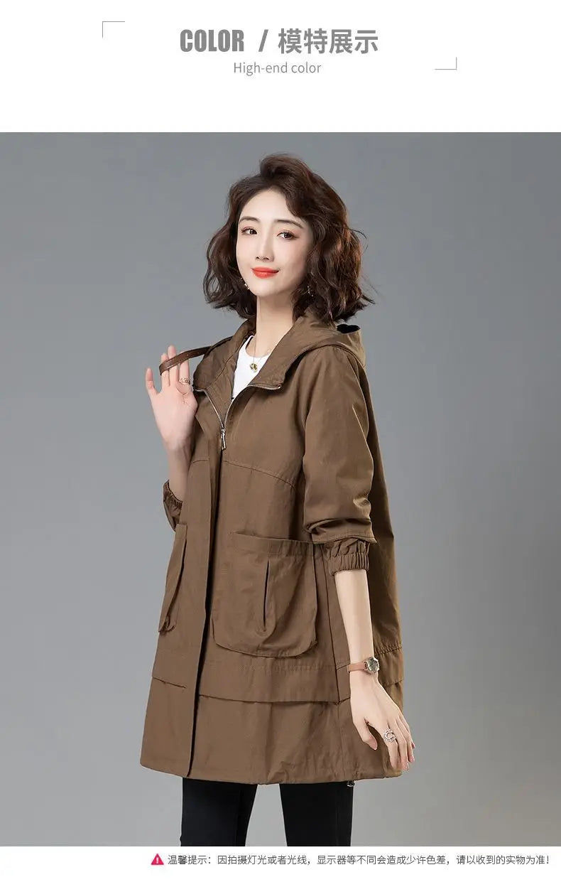 2024 Women Trench Coat With Hooded Tops Autumn New Coat Long-Sleeved Loose Mid-Length Outerwear Female Windbreaker