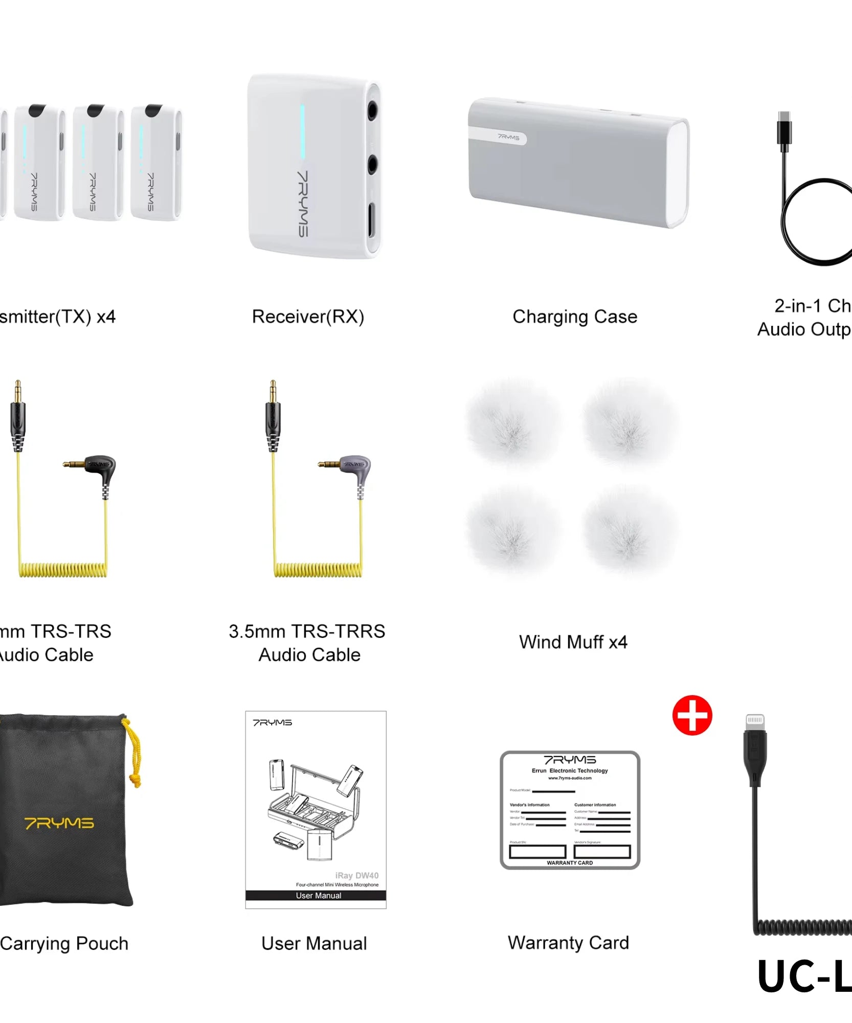 7Ryms iRay DW40 Wireless Lavalier Microphone with 4 Transmitters,48kHz/24bit Recording,AI Denoise for Camera,SmartPhone and PC