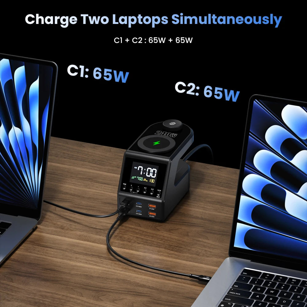 240W GaN Charger Station 4×140W PD3.1 USB Type C Wireless Fast Charger for MacBook iPad Samsung Alarm Clock Time Display