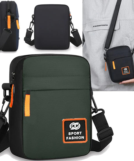 Men's single-shoulder cross-body bag with multi-layer zippers, trendy color contrast, and casual messenger style bag