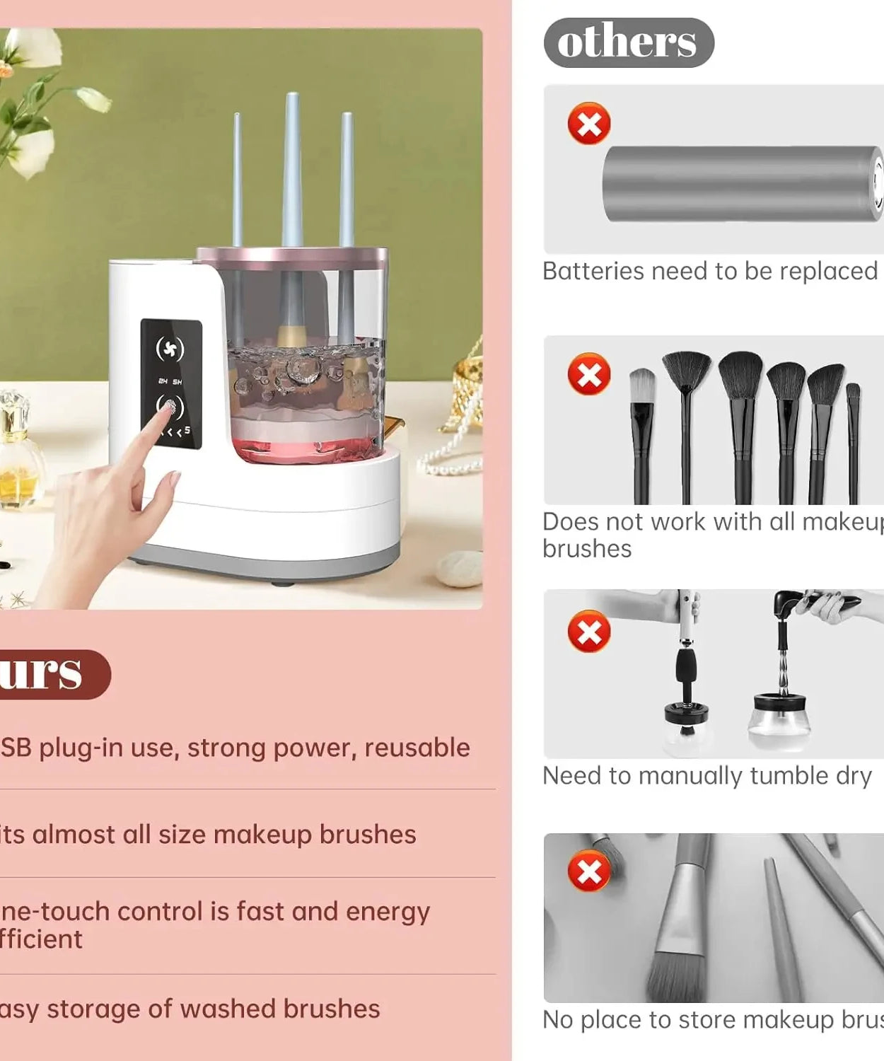 3 IN 1 Electric Makeup Brush Cleaner Machine With Makeup Brush Dryer-Holder-Portable Automatic USB Cosmetic Brushes Cleaner Tool