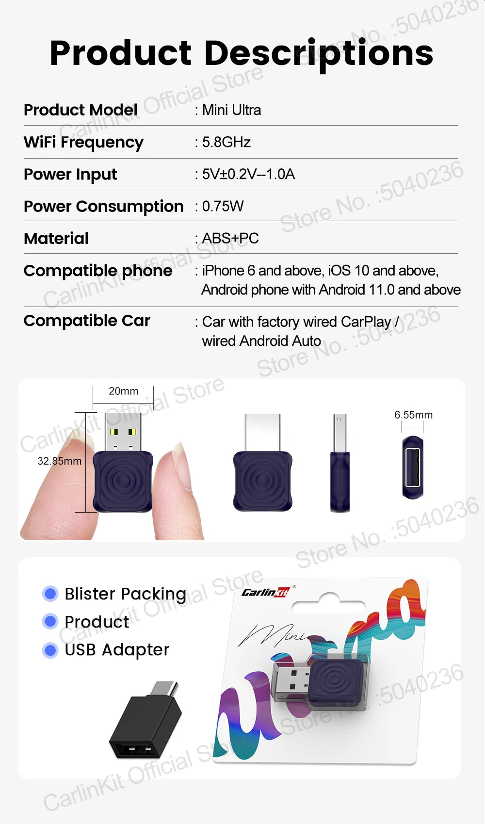 CarlinKit 5.0 Mini Ultra Wireless Adapter Wireless CarPlay Android Auto For OEM Car Plug and Play WiFi Bluetooth Auto Connection