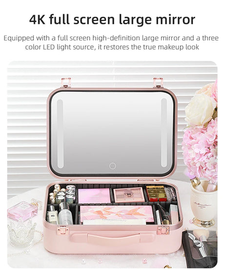 Lighted Makeup Case with Mirror - Portable Travel Makeup Organizer with LED Mirror, 3 Light Settings, Rechargeable Makeup Bag w