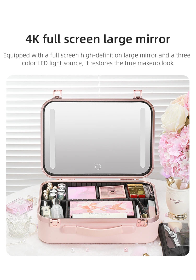 Lighted Makeup Case with Mirror - Portable Travel Makeup Organizer with LED Mirror, 3 Light Settings, Rechargeable Makeup Bag w