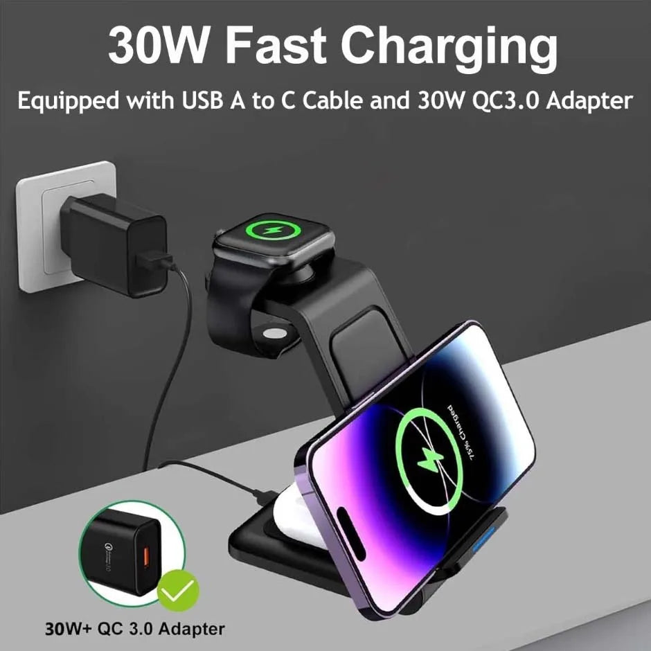 3 In 1 Wireless Charger Stand 30W Fast Charging Station for iPhone 16 15 14 13 12 11 iWatch 10/9/8/7 Ultra Airpods Phone Holder