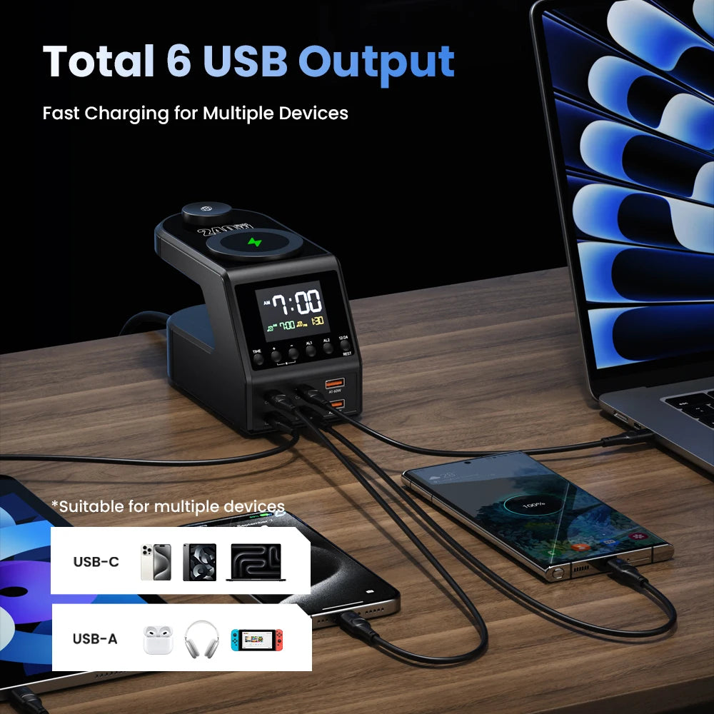 240W GaN Charger Station 4×140W PD3.1 USB Type C Wireless Fast Charger for MacBook iPad Samsung Alarm Clock Time Display