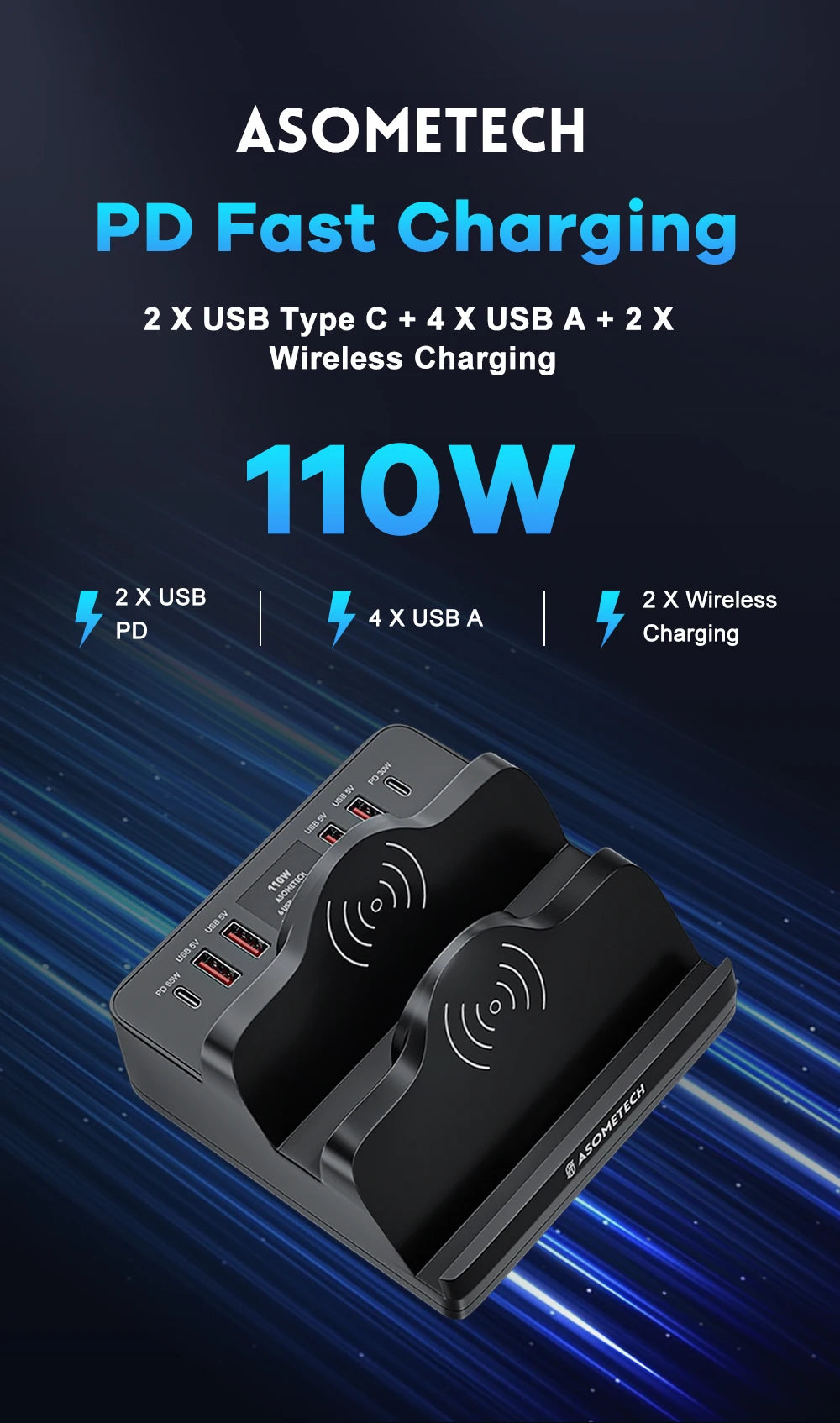 110W 6 Port USB Charger Station Dual Fast Wireless Charging Type C QC3.0 PD3.0 65W Quick Charge For iPhone Xiaomi Samsung Laptop