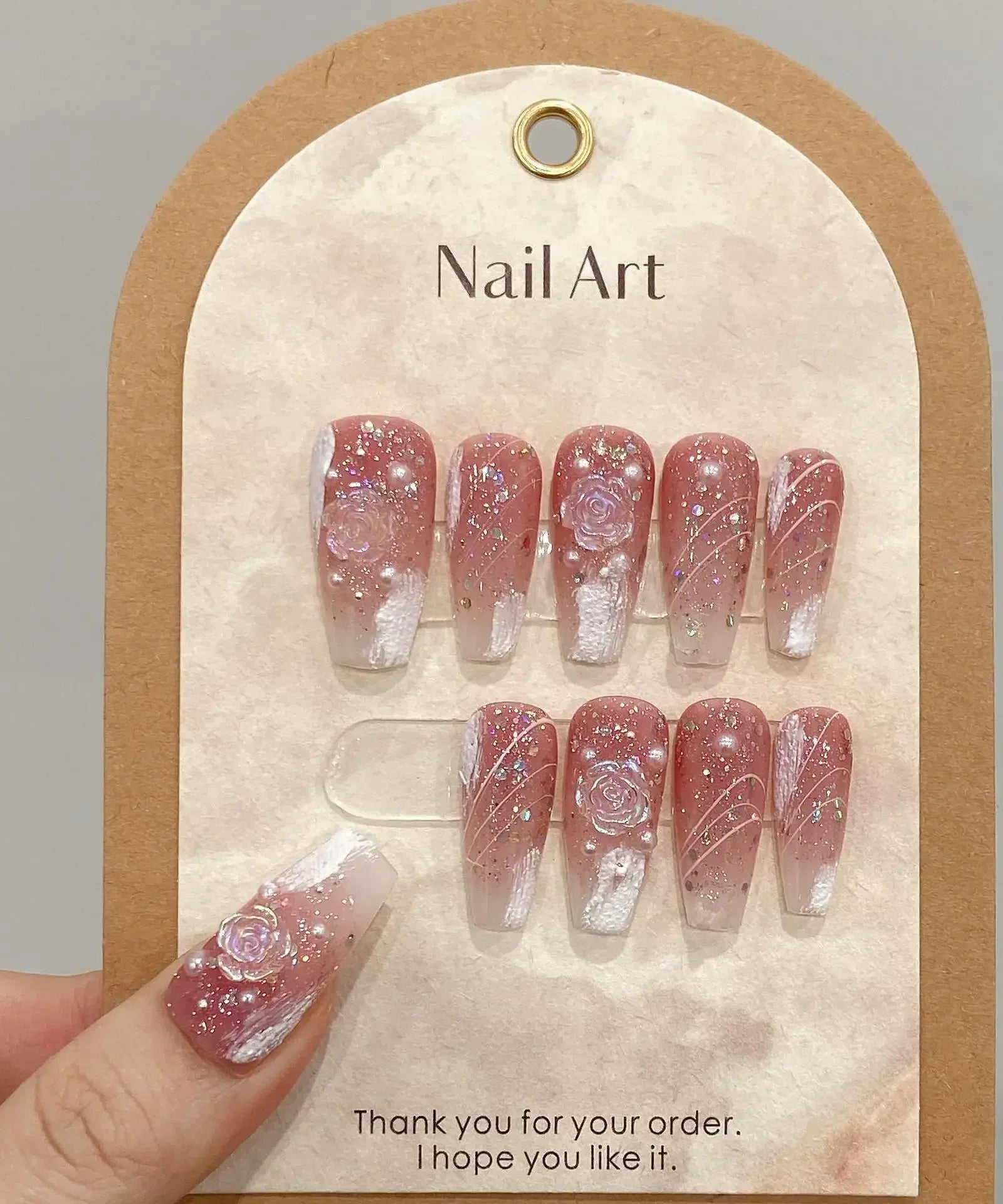 10Pcs Handmade Press on Nails Long Ballet Blue Fake Nails with 3D Ocean Moon Rhinestone Design False Nails Full Cover Nail Tips