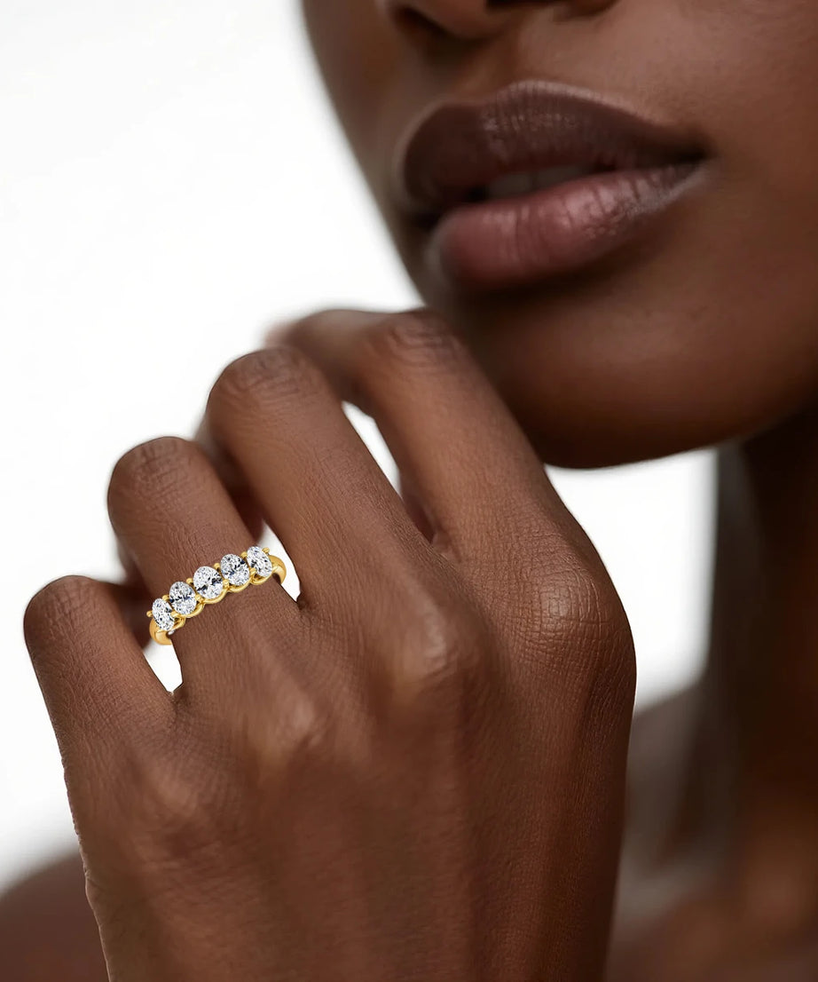 Oval 14K Yellow Gold Engagement Ring GRA Certified Moissanite Row Band 5 Stone 1.5ctw 100% Authentic for Women Wedding Jewelry