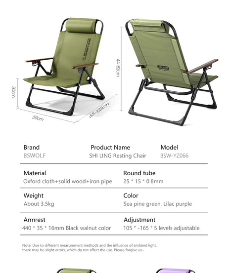 BSWOLF Camping Folding Chair Adjustable Armrest Portable Relaxing Chair With Detachable Pillow for Beach Travel Hiking