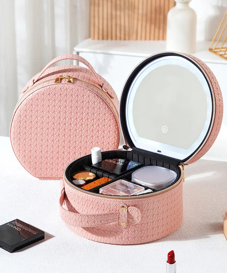 Waterproof Round Vanity Case with LED Light Mirror - Large Capacity, Portable Cosmetic Organizer Bag for Business Trips & Travel