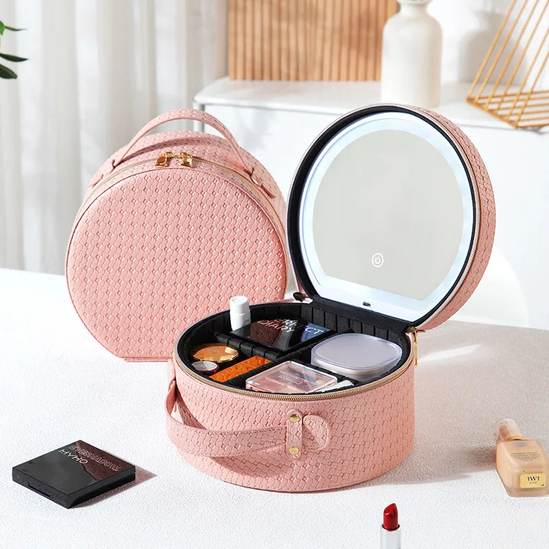 Waterproof Round Vanity Case with LED Light Mirror - Large Capacity, Portable Cosmetic Organizer Bag for Business Trips & Travel