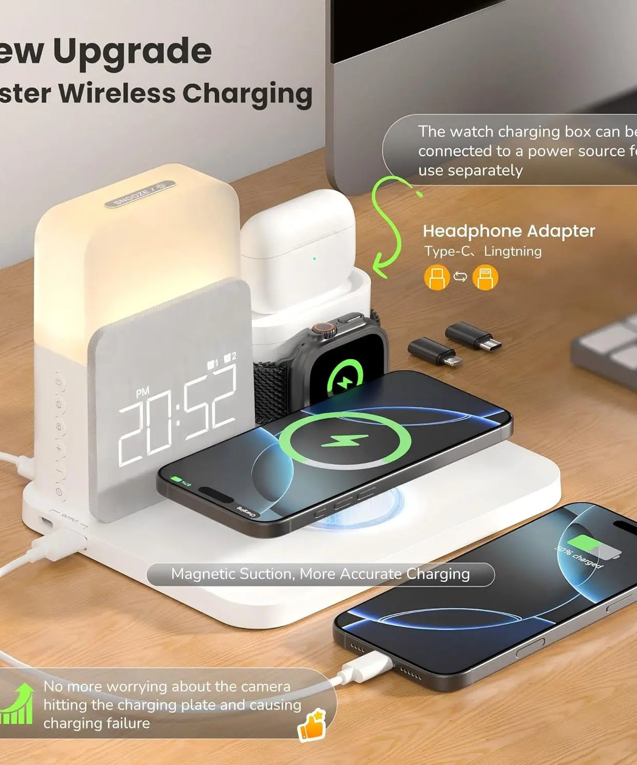 7-in-1 MagSafe Alarm Clock Charger-Wireless Station for iPhone 12-16/Samsung/Xiaomi/Huawei/Apple Watch/AirPods with Night Light