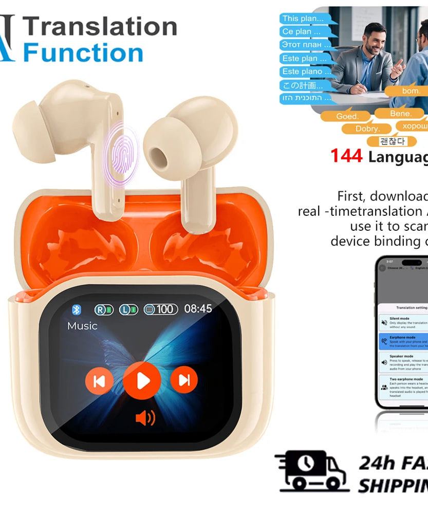 Real Time Translators Headphones with Touch Screen 144 Languages Translation Bluetooth 5.4 Earbuds Noise Cancelling Headset