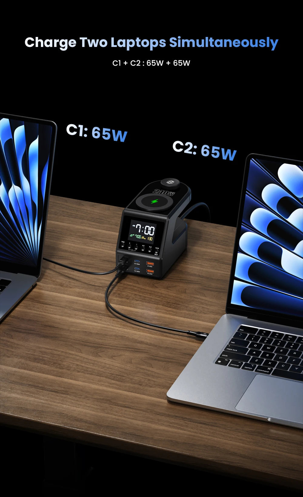 240W GaN Charger Station 4×140W PD3.1 USB Type C Wireless Fast Charger for MacBook iPad Samsung Alarm Clock Time Display