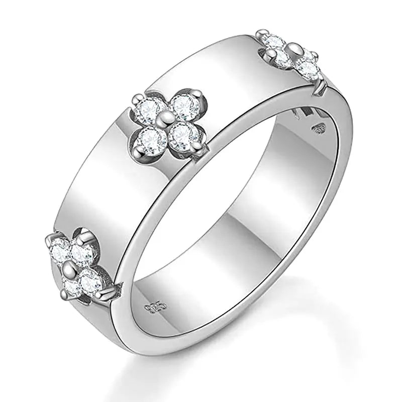 Ehhai Certified Moissanite Four-leaf Clover Wide Rings for Women Men 925 Sterling Silver Flower Bands Wedding Fine Jewelry Gifts