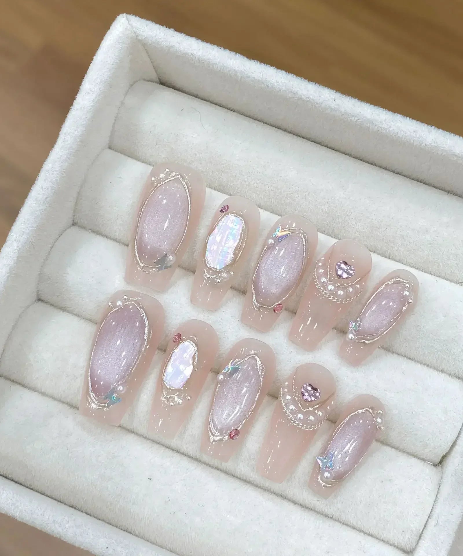 10Pcs Handmade Press on Nails Long Ballet Blue Fake Nails with 3D Ocean Moon Rhinestone Design False Nails Full Cover Nail Tips