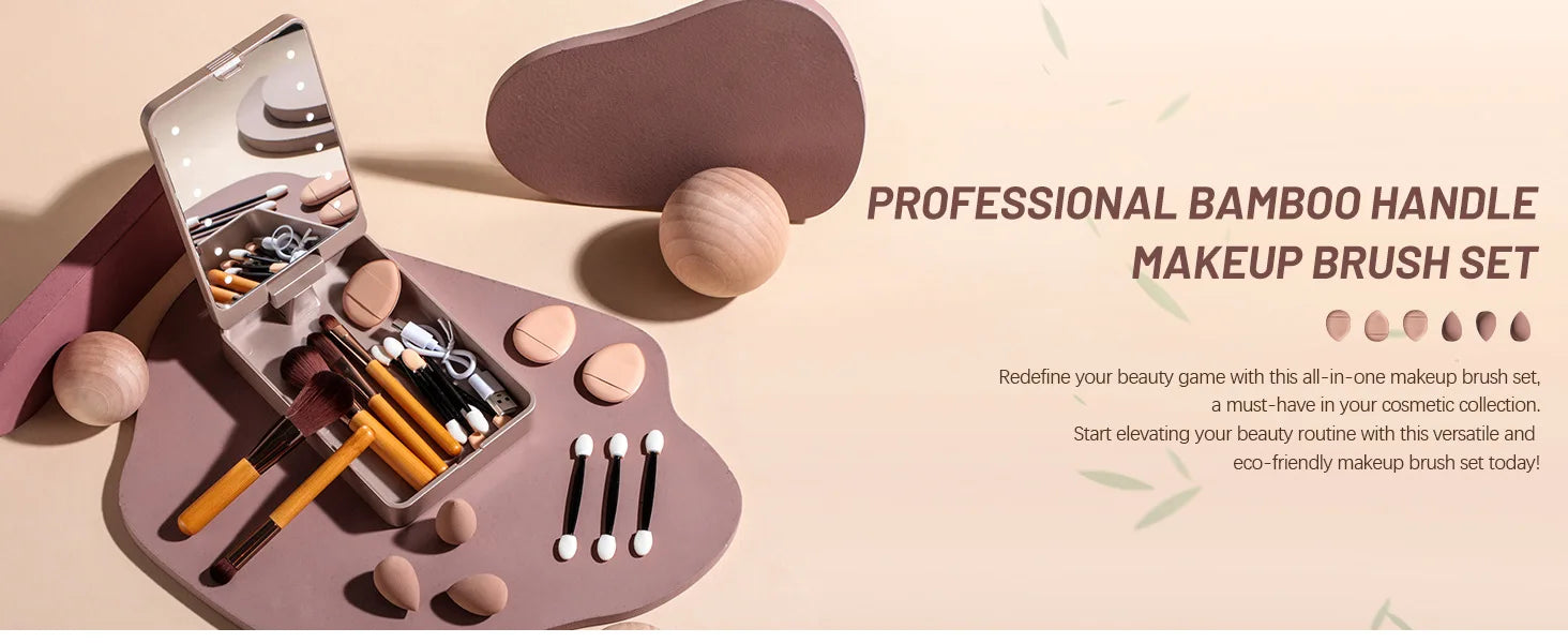 Travel Makeup Brush Set Small Portable With LED mirror and 14 pcs Makeup Brushes For Women Beauty Makeup Kit And Storage Box