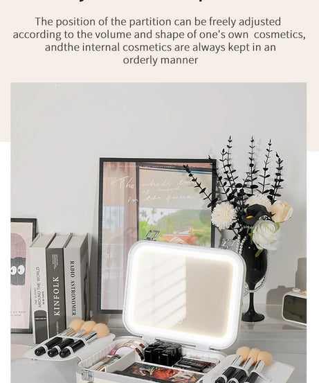 Portable Makeup Organizer Box with LED Light & Mirror – Travel-Friendly Cosmetic Train Case for Brushes box