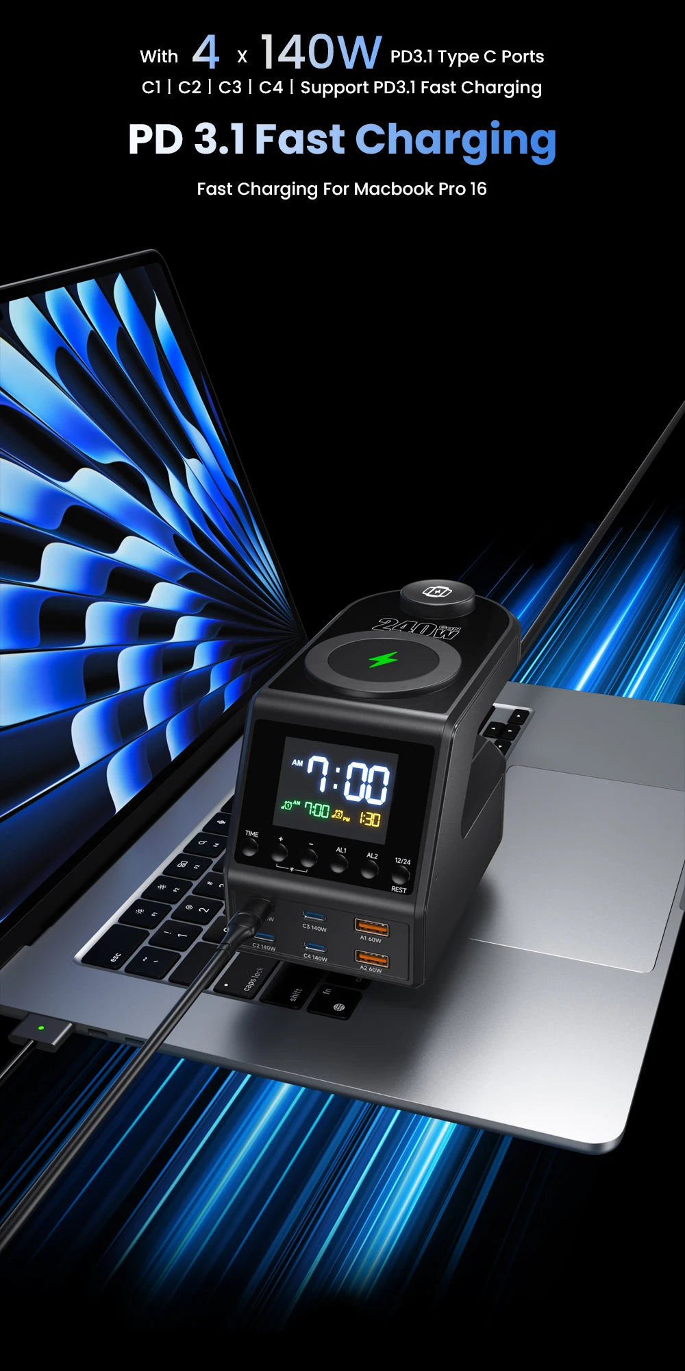 240W GaN Charger Station 4×140W PD3.1 USB Type C Wireless Fast Charger for MacBook iPad Samsung Alarm Clock Time Display