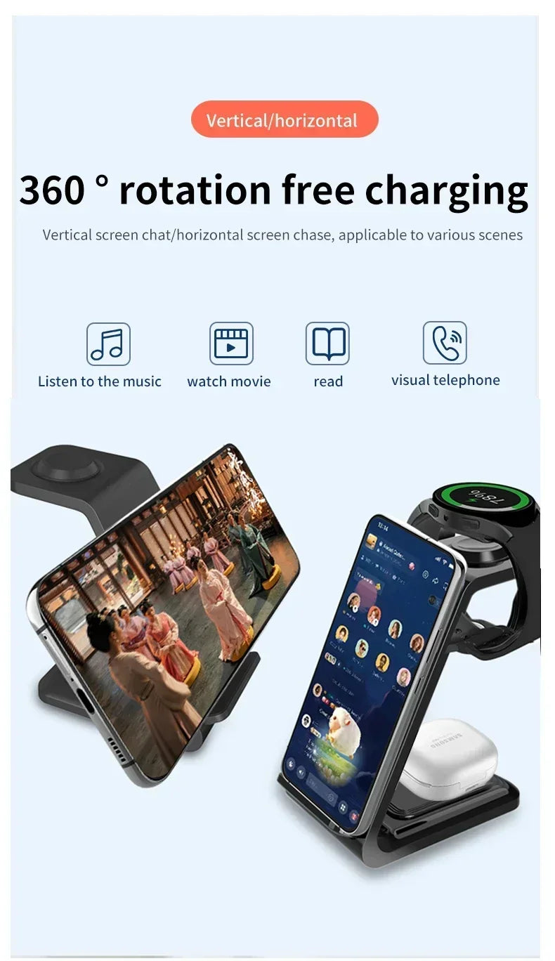 3 in 1 100W Travel Wireless Chargers For Samsung Galaxy S24/S23 Watch 7/6 Classic 5/4/3/2 Ultra Buds 3/2 Pro Plus Fast Charging