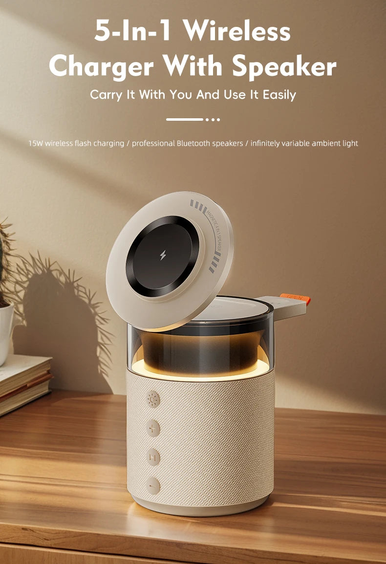 5-in-1 Magnetic Wireless Charging Station with Wireless Speaker Night Light Fast Charger for iPhone iWatch AirPods With Speaker