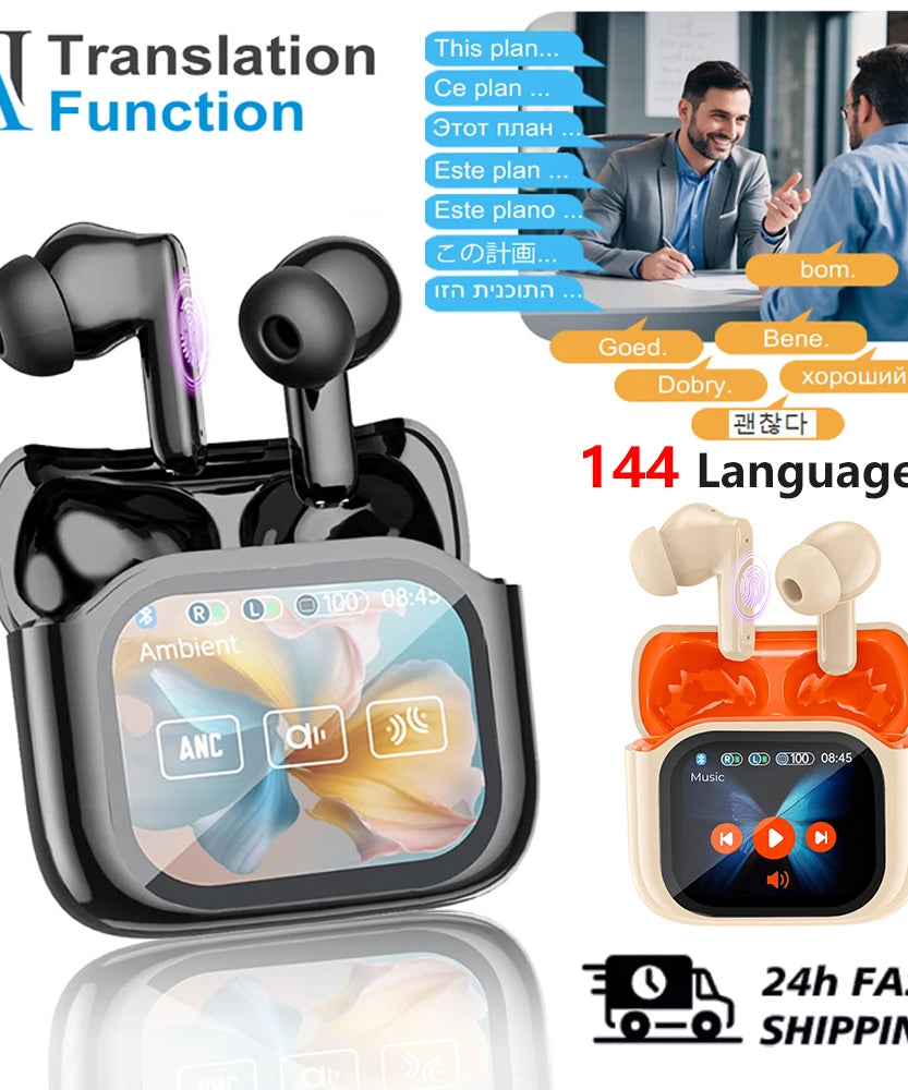 Real Time Translators Headphones with Touch Screen 144 Languages Translation Bluetooth 5.4 Earbuds Noise Cancelling Headset