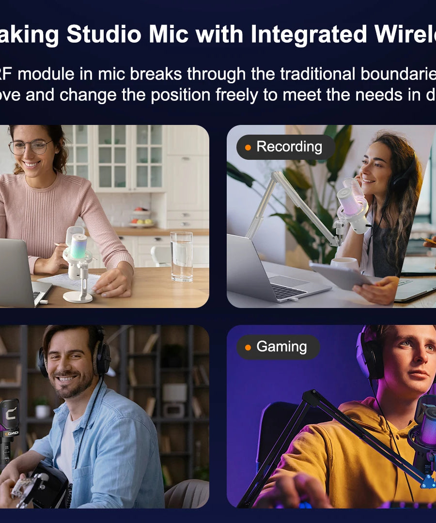 COMICA Uni Pro Wireless USB Gaming Microphone for PC Laptop Smartphone Noise Cancellation Condenser Mic with RGB Lights