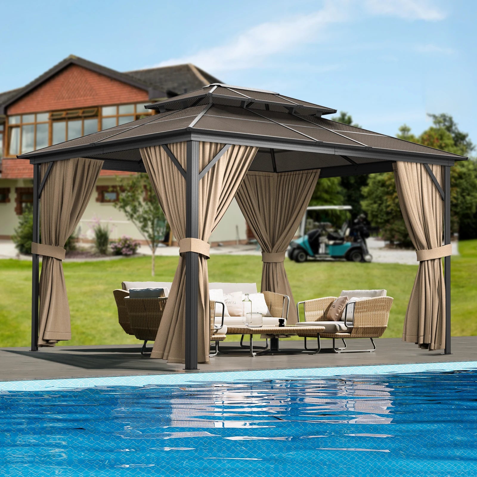 Hardtop Gazebo 10'x13',Double Polycarbonate Sheets Roof,Aluminum Alloy Frame,Net,and Curtain,for Patio Backyard Garden