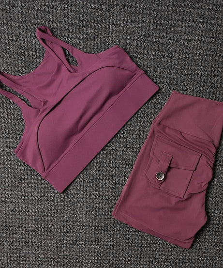 Fitness Shorts Yoga Sets Women's Tracksuit High Waist Sportswear Bra Workout Leggings Cycling Gym Shorts Sports Suit With Pocket