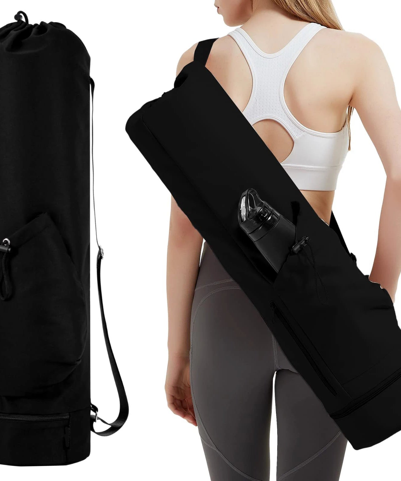Yoga mat bag with water bottle pocket and bottom wet bag. Sports yoga mat with shoulder strap and multifunctional storage bag