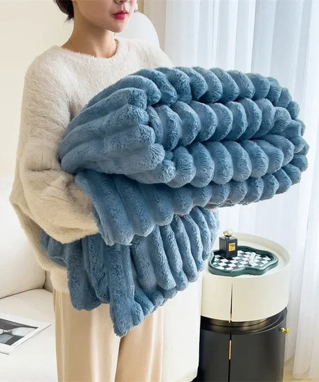 Ultra Soft Faux Rabbit Fur Throw Blanket Warm Plush Striped Blankets Conditioning Quilt Fluffy Throws for Couch Chair Sofa