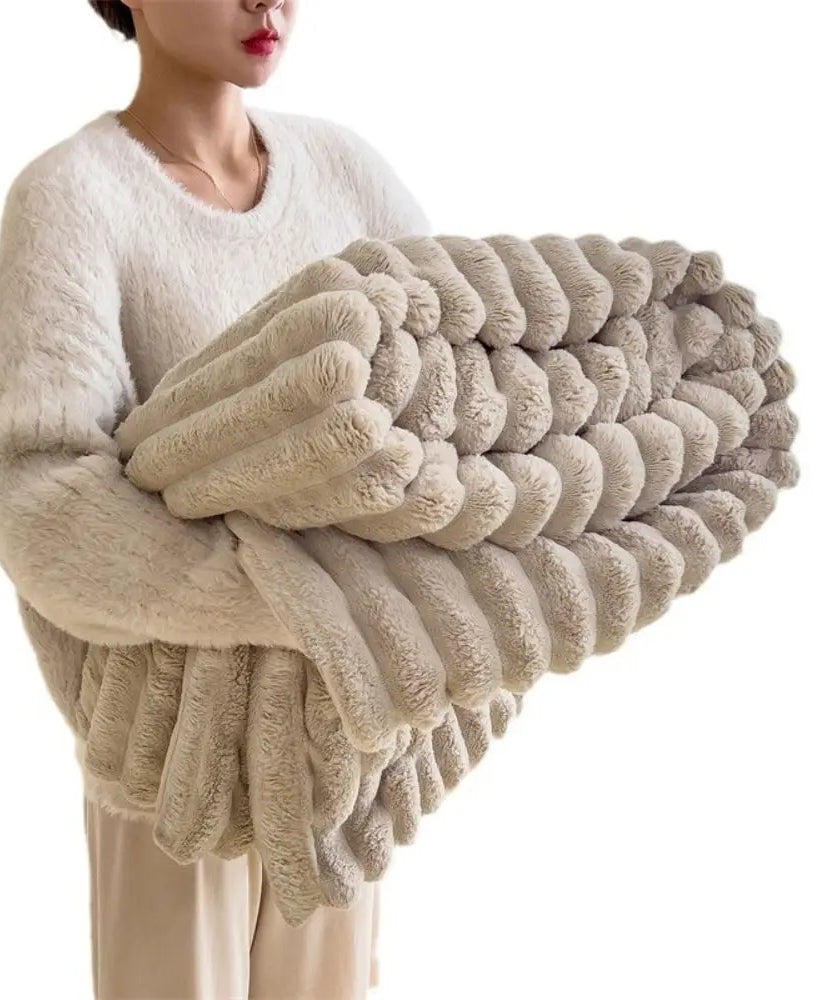 Ultra Soft Faux Rabbit Fur Throw Blanket Warm Plush Striped Blankets Conditioning Quilt Fluffy Throws for Couch Chair Sofa