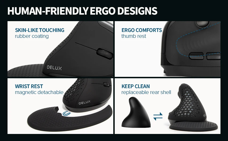 Delux Seeker M618XSD Ergonomic Vertical Mouse OLED Screen USB Wireless+BT 5.0  Rechargeable 1000hz Berichtsrate For PC Laptop